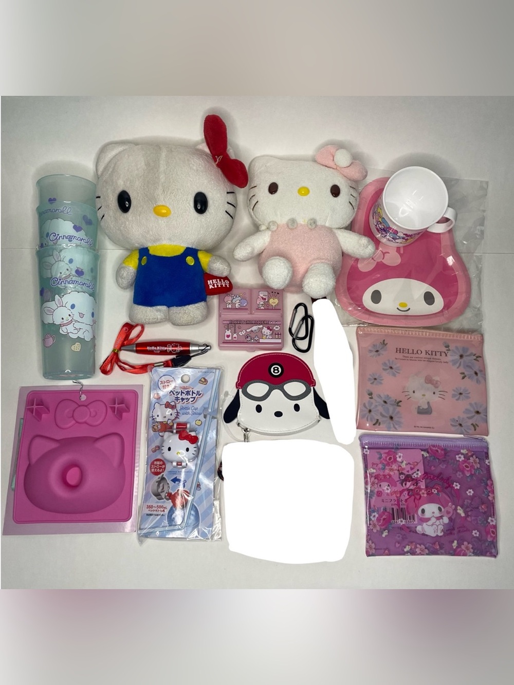 Lot of 13 Hello Kitty Items Cups Plushies Straw Goodie Bags Cup Plate Pen